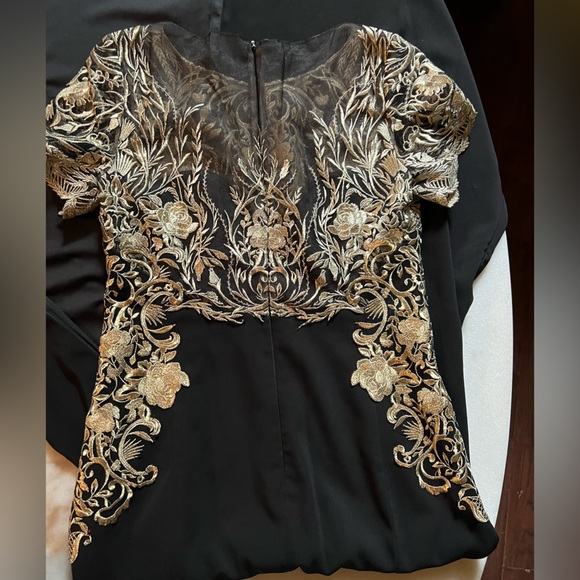 Marchesa Notte Mermaid Black Stretch Crepe and Gold Lace Embroidered Ball Gown 8 - Picture 14 of 16